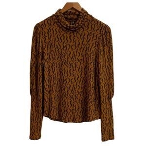 Anthropologie Top Brown Black Abstract Print Long Sleeve Medium Boho Chic Medium